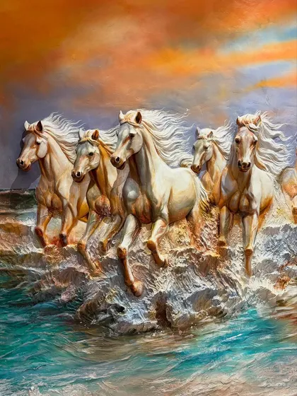 A closer look at the powerful motion of the horses. I use a combination of painting and sculpting to create a realistic sense of splashing water and flowing manes.