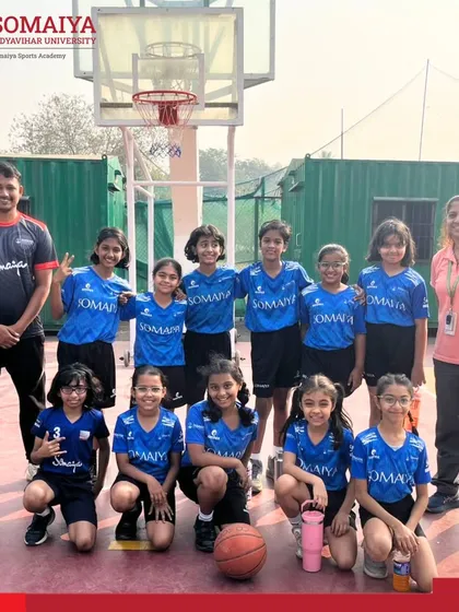 The Somaiya School Basketball Team and their coaches after a dominant win that secured their place in the MSSA Quarter-Finals.