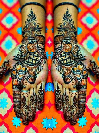 A vibrant and symmetrical Arabic design that uses bold strokes and color contrast to create a striking effect.