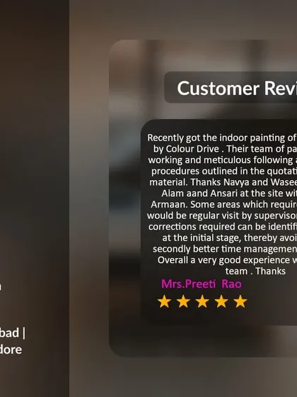 Mrs. Preeti Rao's 5-star review highlights my team's hard work and meticulous process. I ensure all steps outlined in the quotation are followed using quality materials for services like indoor painting and waterproofing.