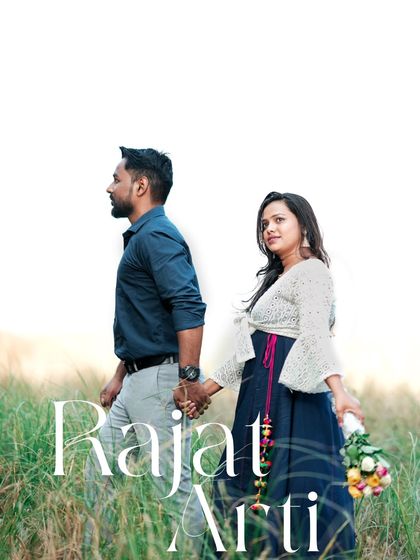 A stylish portrait of the couple walking hand-in-hand through a field, designed as a title card for their pre-wedding album.