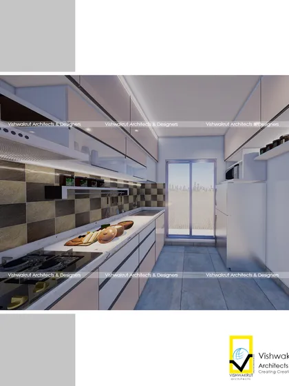 A 3D design for a modular kitchen with a focus on appliance integration. The layout includes space for a refrigerator and microwave, along with plenty of counter space.