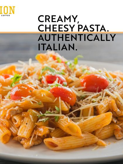 A close-up of creamy, cheesy penne pasta from Union Artisan Coffee. This dish highlights the authentically Italian flavours you can enjoy, even in a casual cafe setting.