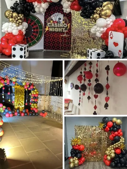 We bring the excitement of Vegas to you with our popular casino and card party themes, perfect for Diwali celebrations or milestone birthdays. This collage showcases our ability to transform a space with elements like balloon arches, a roulette wheel backdrop, and giant dice props.