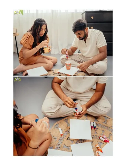 A collage showing the couple preparing their paints for a fluid art session in the studio.