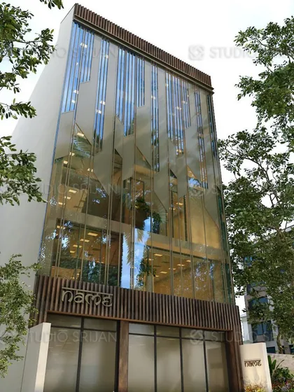 The completed commercial building in Tagore Garden, built on a 200 sq. yard plot. This photo shows the unique frosted glass facade with an abstract pattern, which provides privacy while creating a striking visual effect.