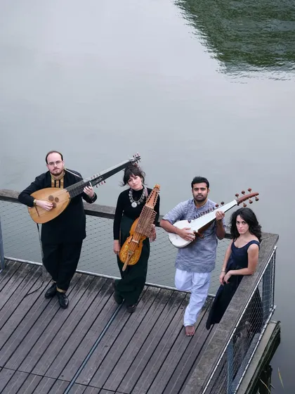 The artists of 'Sangam, Confluences' with their instruments. This image embodies our identity as a collective, bringing together musicians and unique instruments from different corners of the world to create a new, harmonious sound.