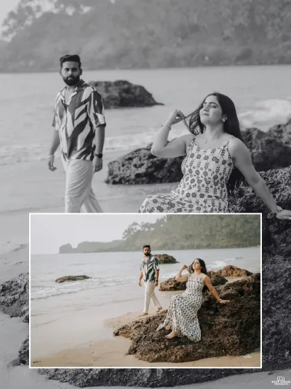 A stylish collage combining a black and white portrait with a full-color shot of the couple posing on beach rocks, showcasing artistic variety.