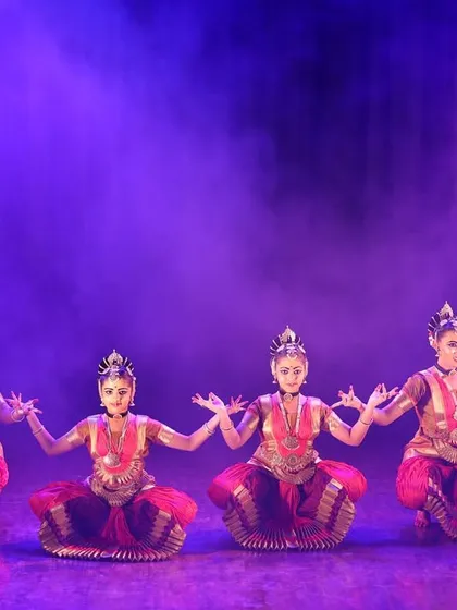A group of my younger students in a synchronized formation during 'Narasimha Kavuthuvam', showcasing their discipline and focus.