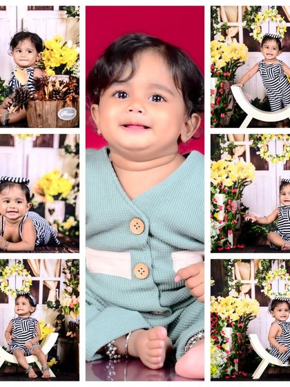 A collage of a baby in various poses within a floral-themed setup.
