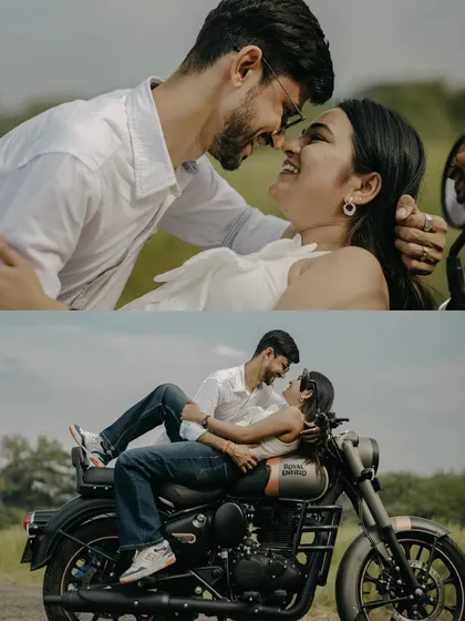 A diptych of pure joy and playful romance. This collage from their Royal Enfield pre-wedding shoot is all about laughter and love.