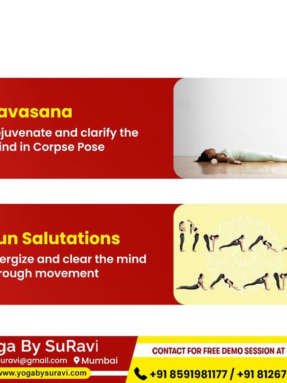 We offer practices for mental clarity, including Savasana (Corpse Pose) to rejuvenate the mind and Sun Salutations to energize it.