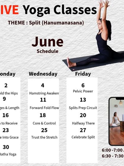 Here is the schedule for our June classes, with a theme of working towards Hanumanasana (the split). Each class builds on the last, from hip openers to core control.