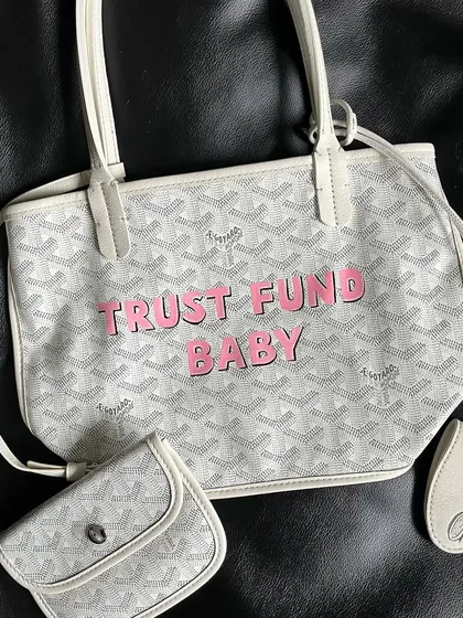 A top-down view of the "TRUST FUND BABY" Goyard purse.
