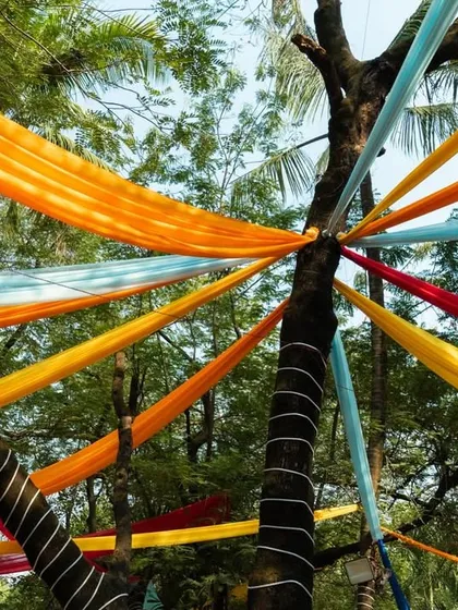A creative use of the natural landscape, with colorful drapes radiating from a tree trunk to form a vibrant overhead canopy.
