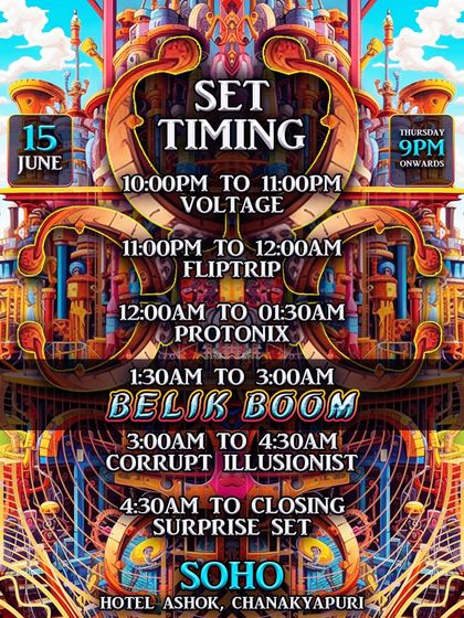 The set timings for the Belik Boom event. As you can see, I was on from 4:30 AM onwards to close out a night of non-stop psychedelic energy.