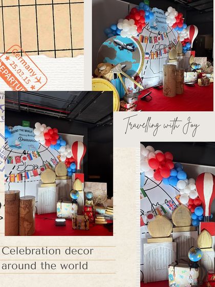 Another view of the travel-themed photo corner. The combination of rustic wooden logs, a vibrant balloon arch, and travel-inspired props made this a popular spot for guests.