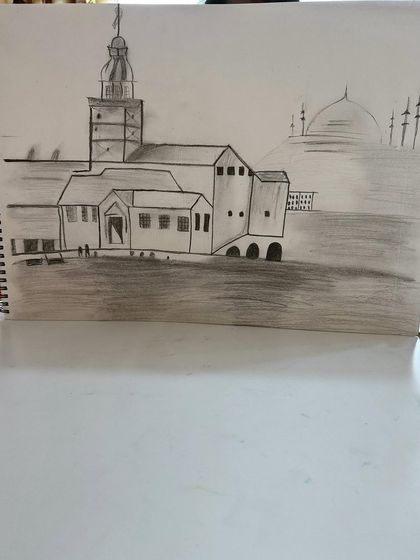 A wonderful architectural sketch by a 10-year-old student, combining different famous landmarks.
