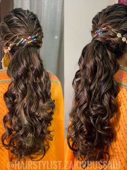 A dual-angle view of the festive Mehendi ponytail with colorful beads, showing the intricate braided detail at the crown.
