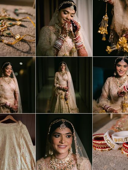 A collage showcasing the bride's complete look, from her exquisite jewelry and lehenga to her personalized bangles.