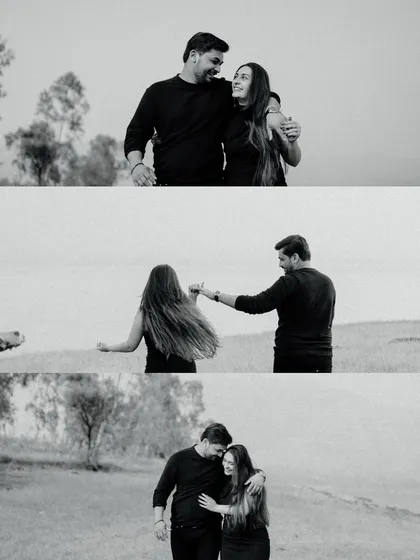 A black and white collage capturing a couple's playful and romantic dance by the lake. The motion in the woman's hair and the candid smiles make these moments feel alive.