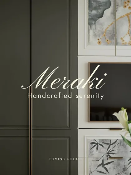 A teaser image for our "Meraki" project, with the words "Handcrafted serenity." The close-up on the custom cabinetry with hand-painted details hints at the level of craftsmanship and artistry within the home.