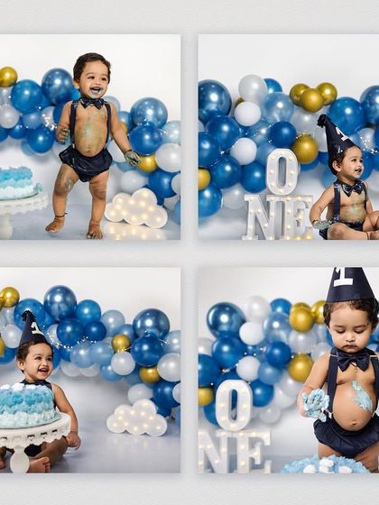 A collage of a first birthday cake smash, showing the little boy dancing, posing, and enjoying his cake. It perfectly summarizes the fun of the entire session.