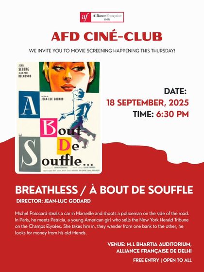 The poster for our screening of Jean-Luc Godard's "Breathless" (À Bout de Souffle). We celebrate landmark films of the French New Wave, making cinematic history accessible to a new generation of movie lovers.
