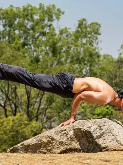 The powerful Mayurasana (Peacock Pose) performed on a rock, showcasing incredible arm and core strength.