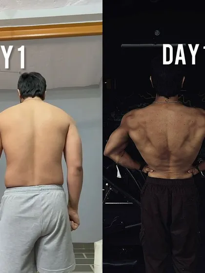 The back tells the story. Rishabh's 100-day back transformation shows a significant reduction in lower back fat and the development of a wider, more muscular frame.