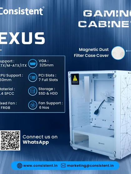 Our Nexus gaming cabinet in white features a clean aesthetic with a unique geometric front panel and a magnetic dust filter. It includes three fixed RGB fans and supports up to six, ensuring great airflow for your ATX, M-ATX, or ITX system.