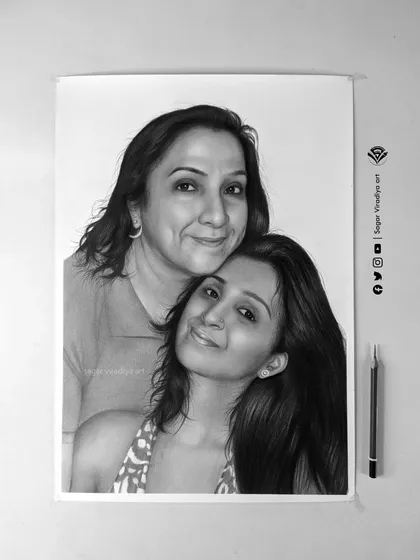 This A3 size pencil sketch was a commissioned piece for a client in Indonesia. It's a heartwarming mother-daughter portrait where I used graphite and charcoal to create a lasting memory, focusing on their close bond and happy expressions.