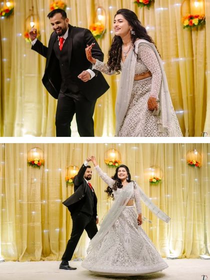 The couple enjoying their first dance, with the bride's lehenga twirling beautifully as they move across the dance floor.