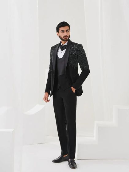 Another full-length shot of the gradient sequin tuxedo, demonstrating its sleek and modern fit.