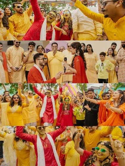 A collage of high-energy moments from a Haldi ceremony, showing guests dancing and celebrating with the couple.