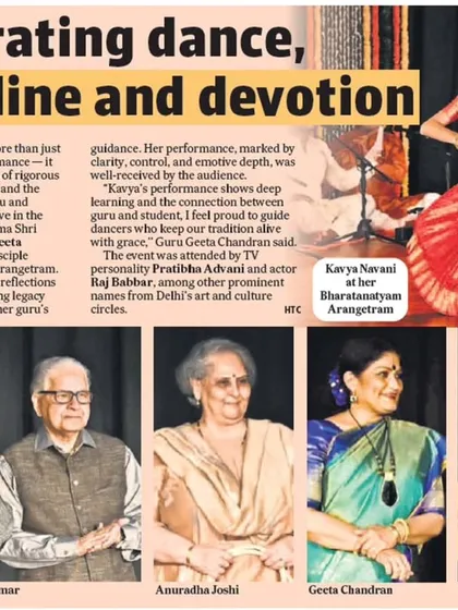 Media coverage from the Hindustan Times celebrating Kavya Navani's arangetram. It highlights the performance as a celebration of dance, discipline, and devotion.