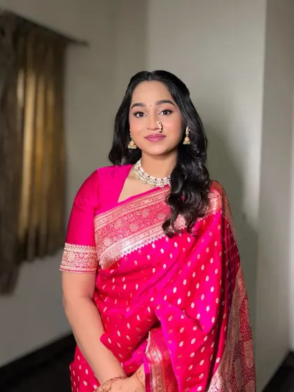 A full-length view of the engagement look. The makeup is designed to look stunning from every angle, ensuring the bride is picture-perfect.