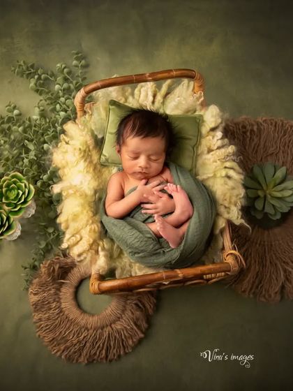 An overhead shot captures the full layout of this nature-inspired theme. The composition balances the baby with rustic and botanical elements for a complete artistic image.