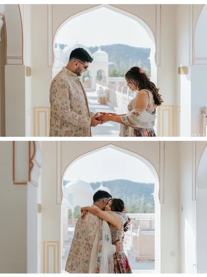 A tender moment from a Mehendi event in Jaipur. The couple's hug in a sunlit archway perfectly captures the love and anticipation of the days leading up to the wedding.