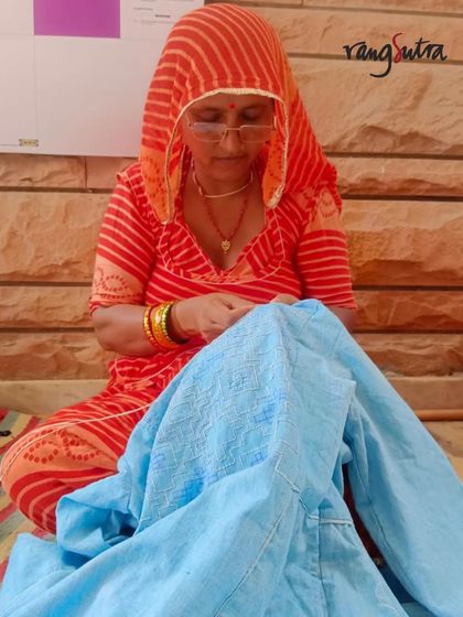 An artisan from Bikaner works on the intricate Kharek embroidery for our Baori collection, inspired by Rajasthan’s majestic stepwells.