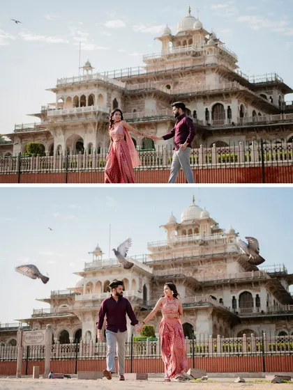 A playful and modern pre-wedding shoot for Siddharth and Simran at Albert Hall Museum, complete with pigeons for a classic Jaipur touch.