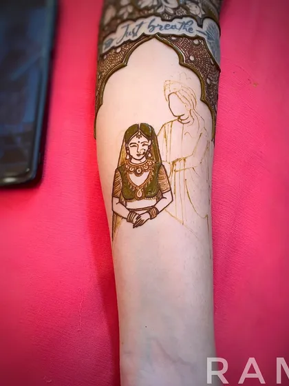 The beginning of a couple portrait, with the bride fully outlined and the groom sketched in behind her. This shows how I compose a scene with multiple figures.