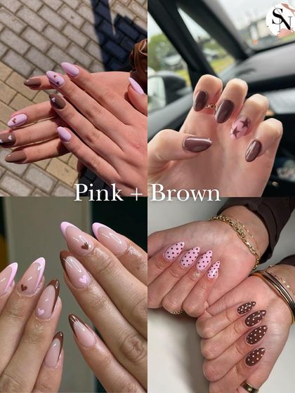 Pink and brown is a surprisingly beautiful and sophisticated color combination. This collage features designs with brown polka dots on a pink base, and delicate pink hearts on brown nails.
