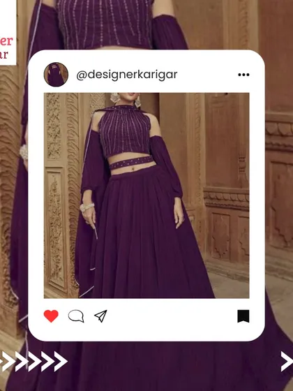 A deep purple lehenga with a modern cold-shoulder blouse design. We can tailor this contemporary bridal look to your exact measurements. sewn to perfection.