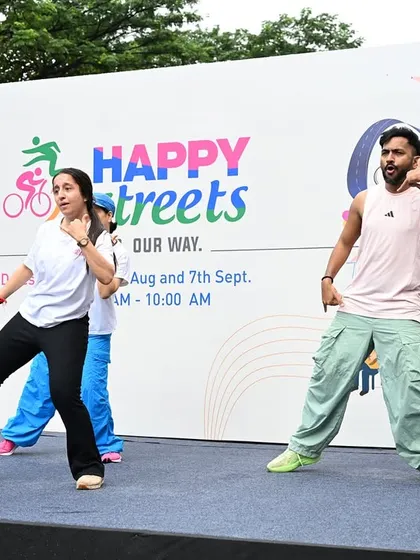 Teaching some Bollywood moves on stage during the Happy Streets event. My choreography for public events is always simple, energetic, and easy for the crowd to follow along.