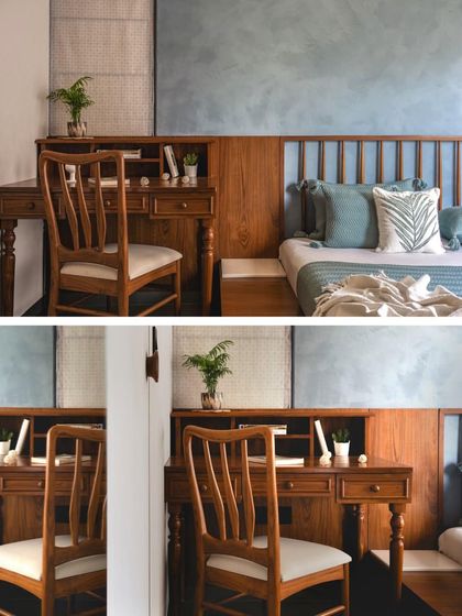 A detail of the bedroom with an integrated study desk, showcasing custom-designed wooden furniture that is both beautiful and functional.