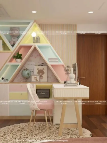A 3D render of a kids' study area with unique triangular shelving in pastel colors.