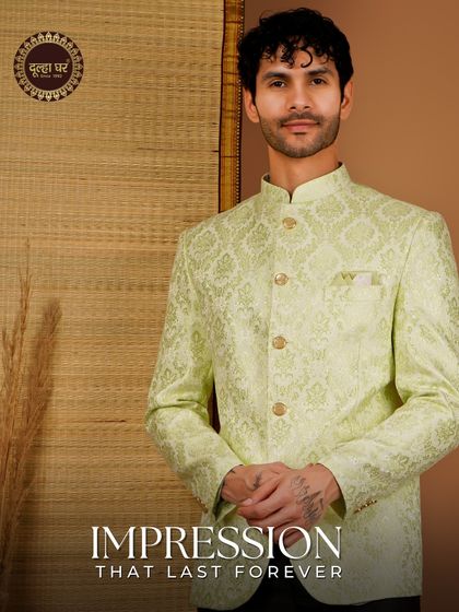 Impression that last forever. A lime green brocade Bandhgala jacket that is both vibrant and elegant, perfect for making a memorable entrance.