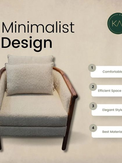 An infographic-style image of our minimalist wood-frame armchair, highlighting its key features: comfort, efficient use of space, elegant style, and best-in-class materials.