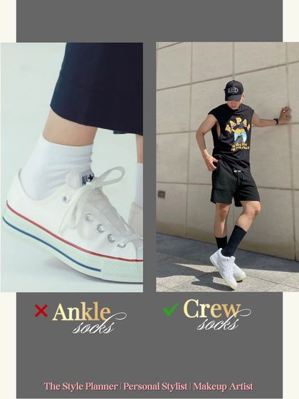 Out: Ankle socks. In: Crew socks. Showing a bit of sock is a cool styling detail that adds a retro, athletic touch to your look.